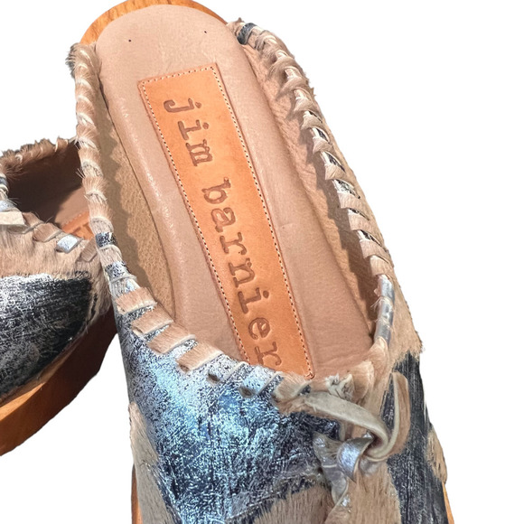 Jim Barnier Wooden Heel Clog Platform Sandals Mustang Silver Leather Size 6 New - Picture 5 of 7